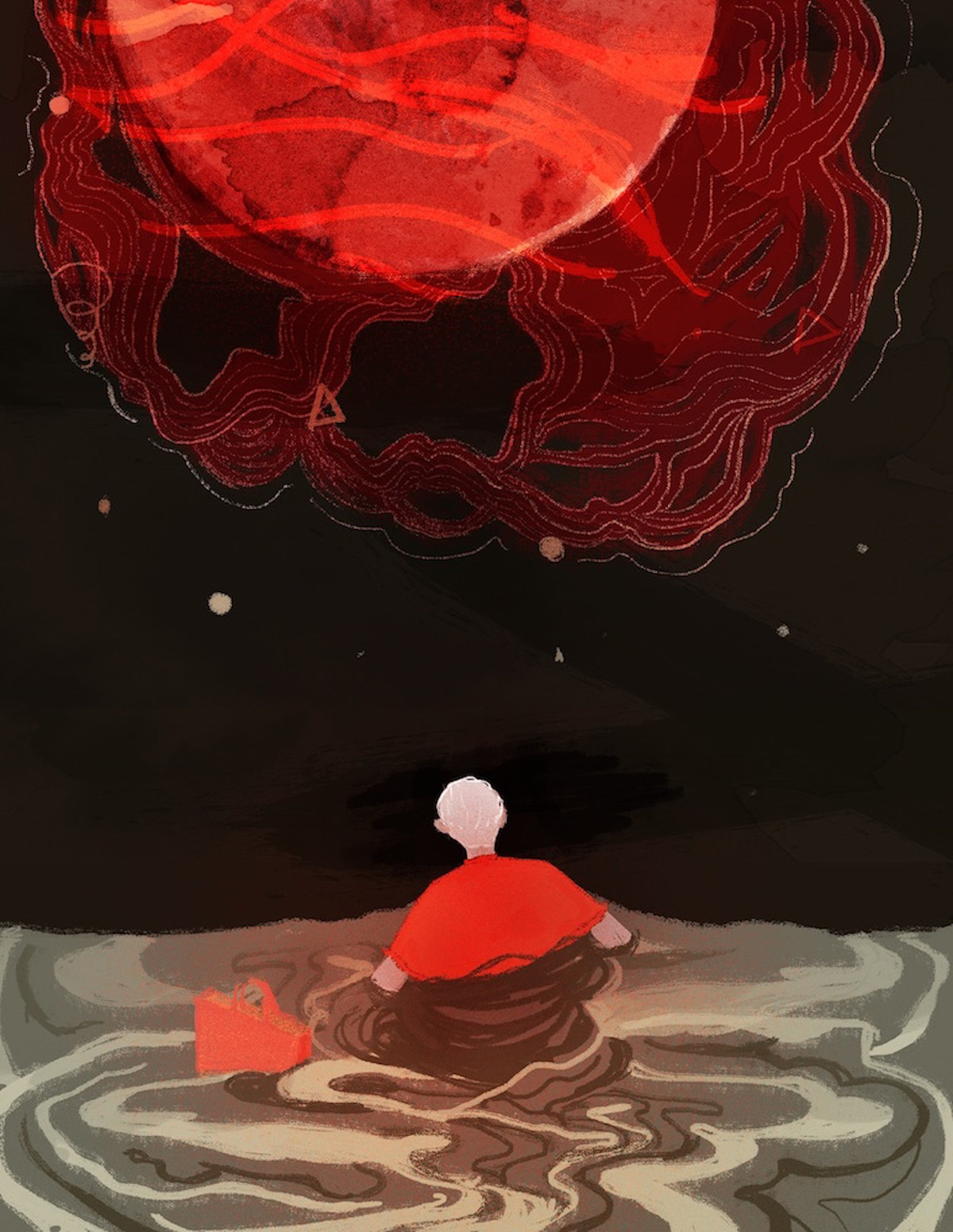 Small, bright figure seen from back floats in dark water next to a red bag; under black sky with big red orb, abstract stars.