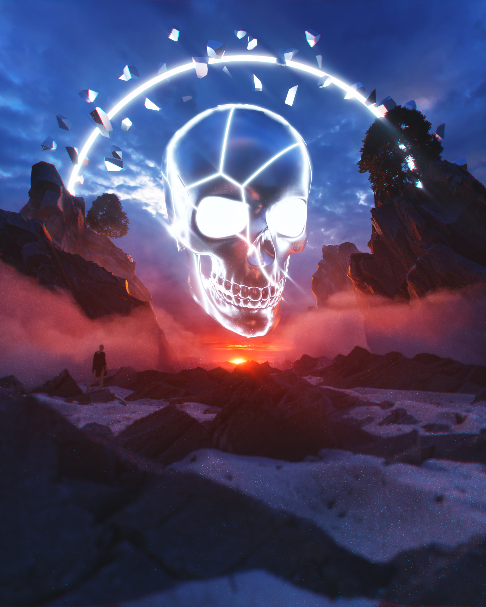 Digital poster of rocky barren landscape, dramatic sunset lighting and cool blues, dark silhouetted trees and large rocks in the background. A figure walks alone on the left, further back from the foreground. In the center a large white skull outline with a white arch and white fragments looms over the setting sun.