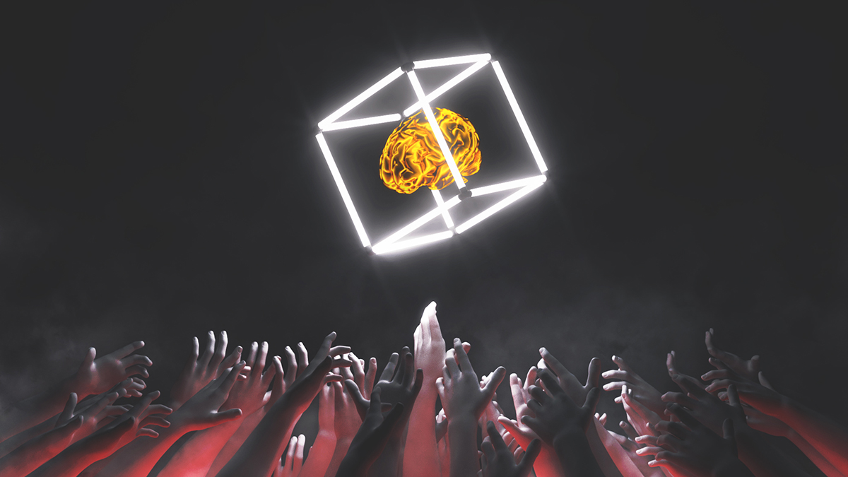 Black digital graphic poster with red dramatically lit hands and arms reaching up toward a cube outlined in neon white, with a glowing yellow brain inside.