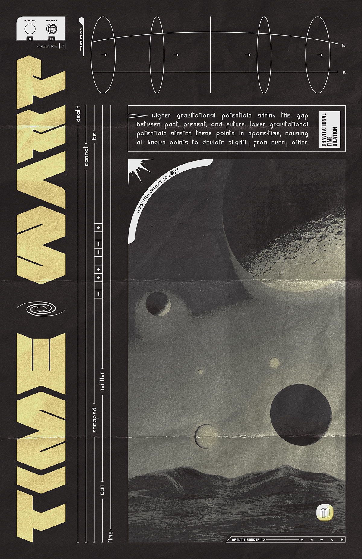 Graphic space poster with vertical yellow futuristic font reading Time Warp. White space graphics and scene of space and planets. 