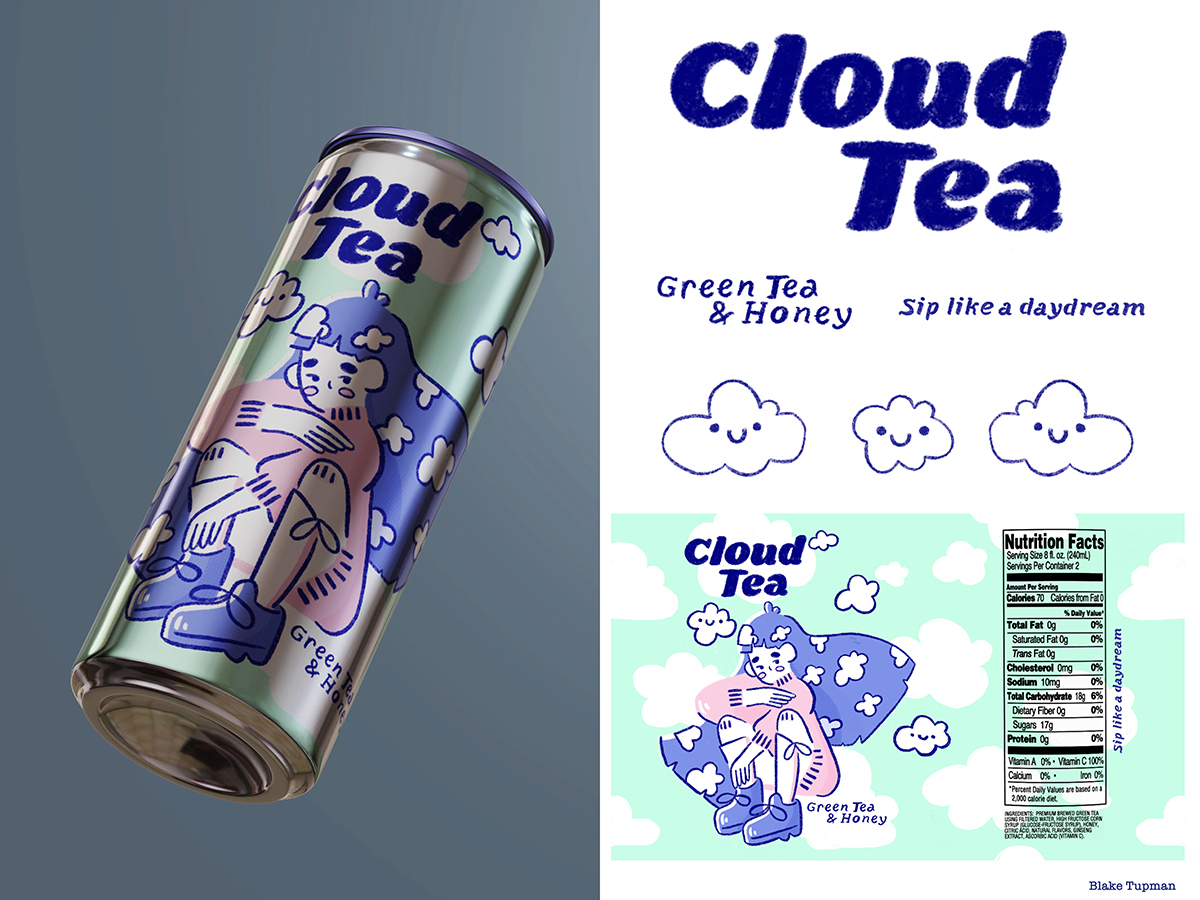 Poster of cloud tea with digitally illustrated label of girl and clouds. Actual can on the left, with design elements, label and nutritional facts on the right.