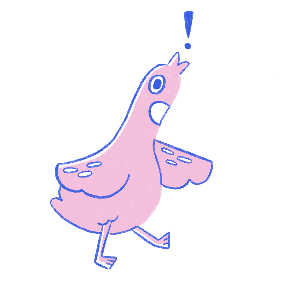 Pink illustrated duck with blue outline, exclamation mark signifying a duck sound