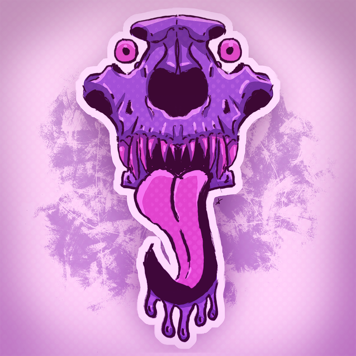 An illustration by Brian Wolfe of a purple and pink animal skull with sharp pointed teeth, eyes floating outside their sockets, a long curling tongue hanging below, dripping with saliva.