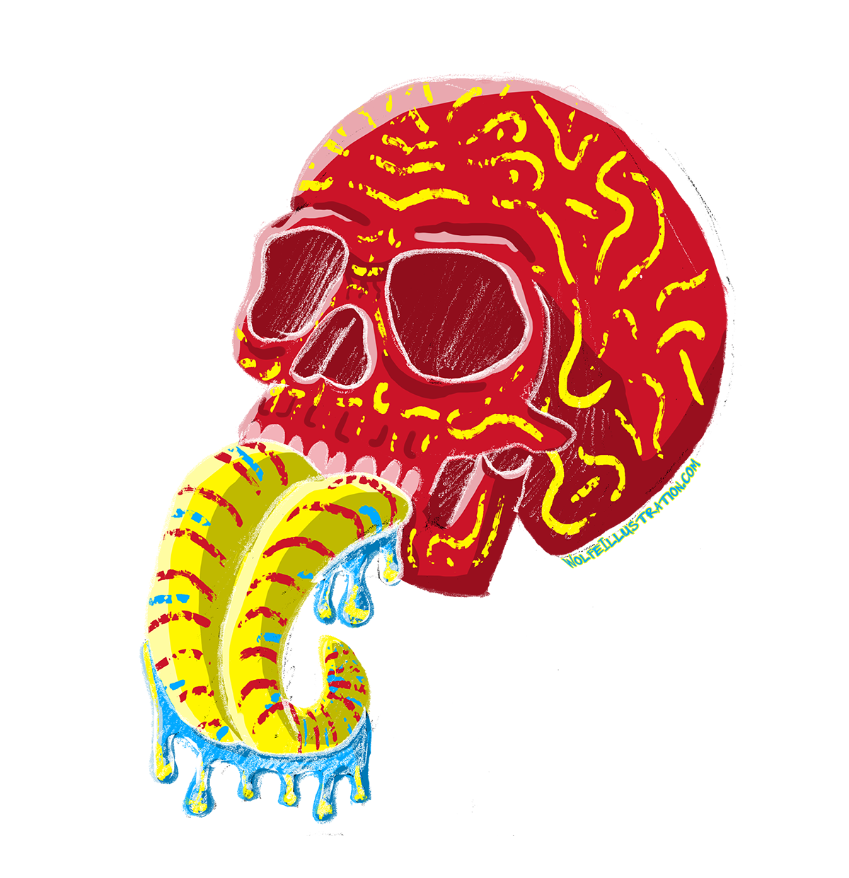 A illustration by Brian Wolfe of a red skull with a yellow tongue dripping with saliva.
