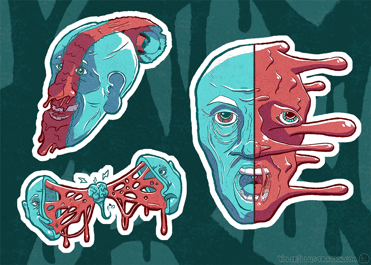 A sticker set by brian Wolfe shows three stylized heads , one with the middle section of skin on his face peeled back in a roll, the second showing the two halves of his face split apart, and the third depicting a face half dissolved.