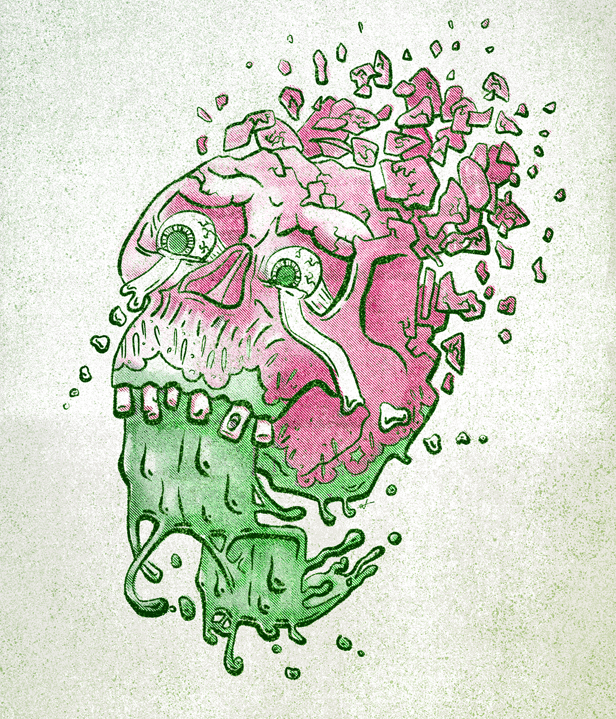 A digital illustration by Brian Wolfe of a skull with no lower jaw. The tongue of the skull drips with liquid and is green, and the top half of the skull is disintegrating.