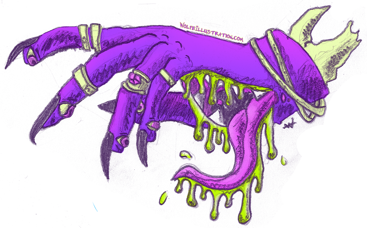A drawing by Brian Wolfe of a purple hand with rings and long fingernails with a hand in it's palm, a long dripping tongue extends and the teeth in the mouth are pointed.