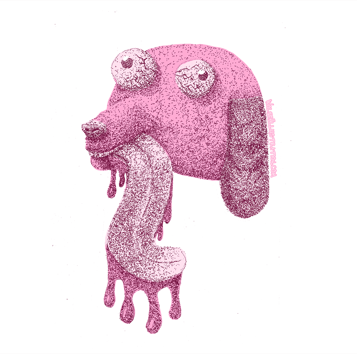 A digital illustration by Brian Wolfe of a pointillist pink dog head with large bulging eyes and a long tongue dripping with pink saliva