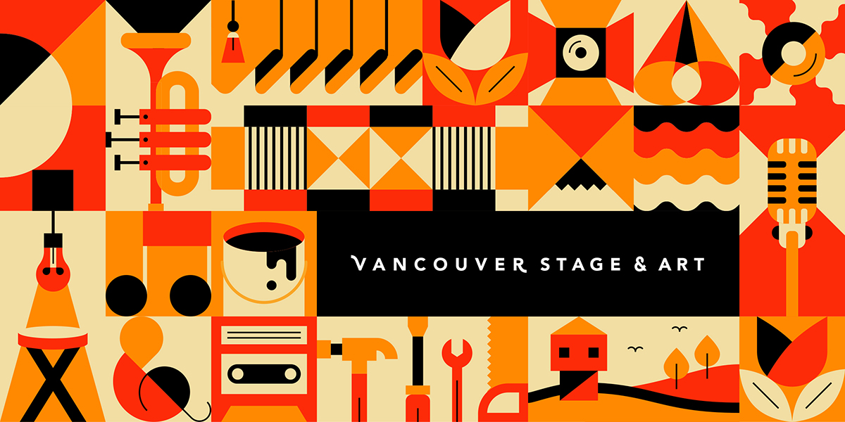 Colorful red and gold with black, clean, geometric artwork featuring spotlight, stage curtain and equipment, microphone, trumpet, music, tulips, and building among shapes. Reads 'Vancouver Stage & Art,' the name of the company this brand was designed for.