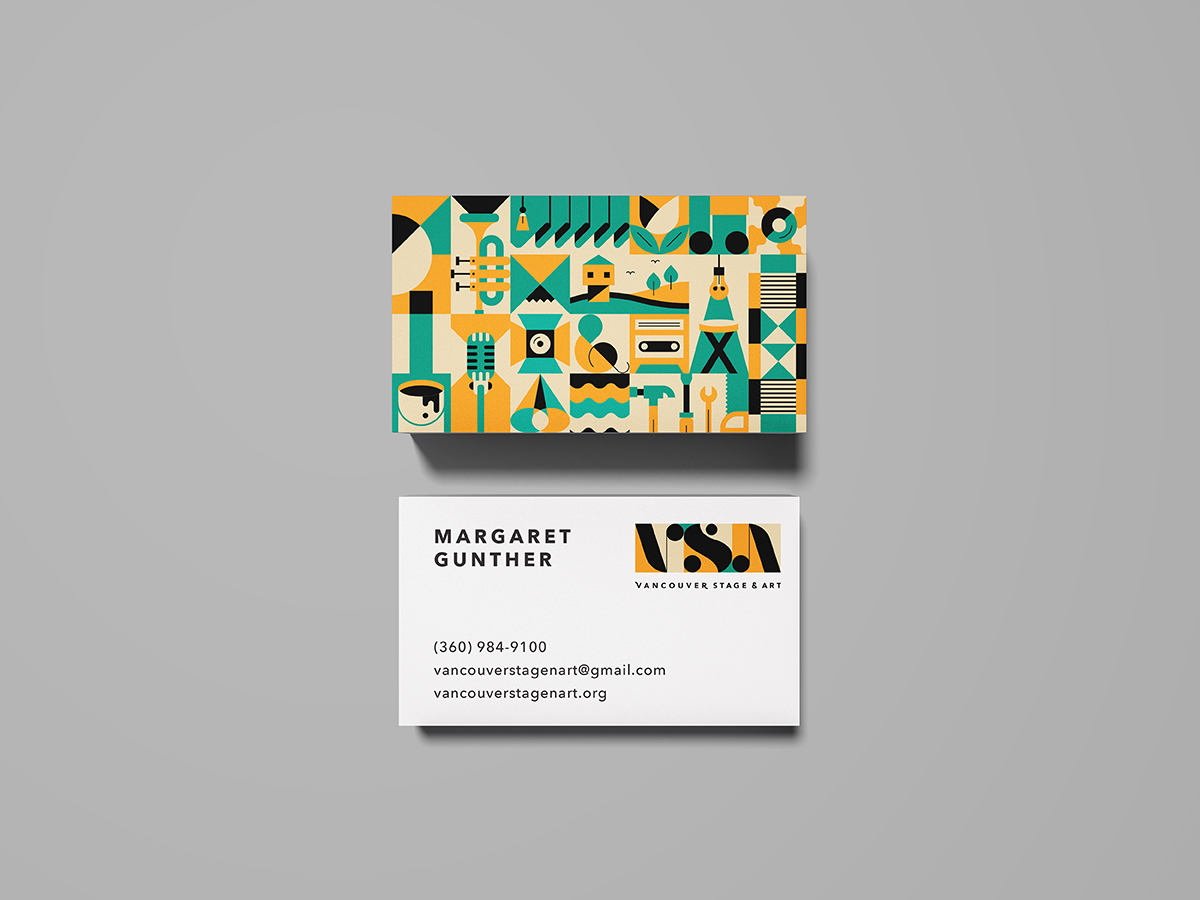 Same imagery from previous image in green and gold palette on a business card. Photographed in a stack from above, design reads Margaret Gunther in clean modern type, with her contact info.