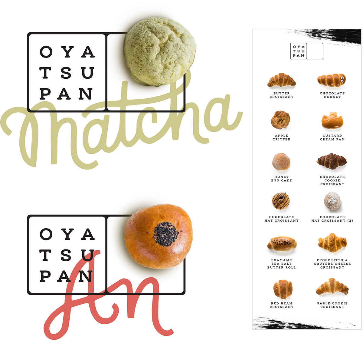 Design system created for Oya Tsu Pan bakery, featuring mix of clean typography with script lettering and physical baked goods, laid out to interact with each other on white background. 