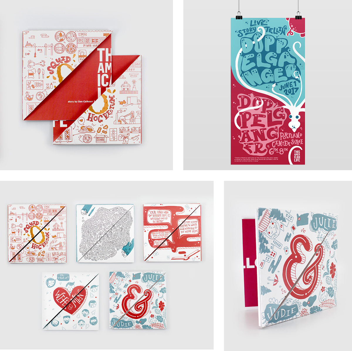 4 different images in a grid, detailing folded CD packaging that assembles together from two triangle shapes. Teal, red, and white lettering has a mix of styles, including bubble letters, expressive hand lettering. Fun and playful style.