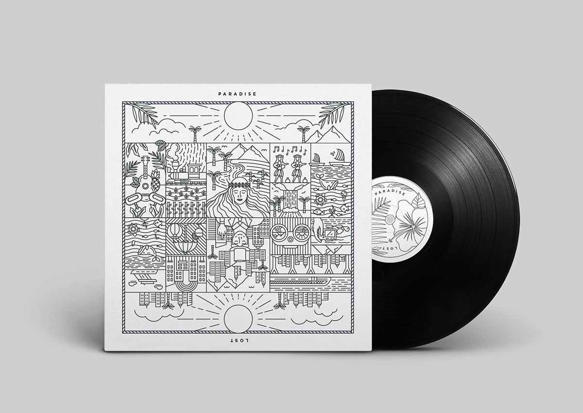 Black-and-white vinyl album design for 'Paradise Lost,' with detailed, modern line art imagery from traditional Hawaii contrasted with tourist-centric Hawaii.
