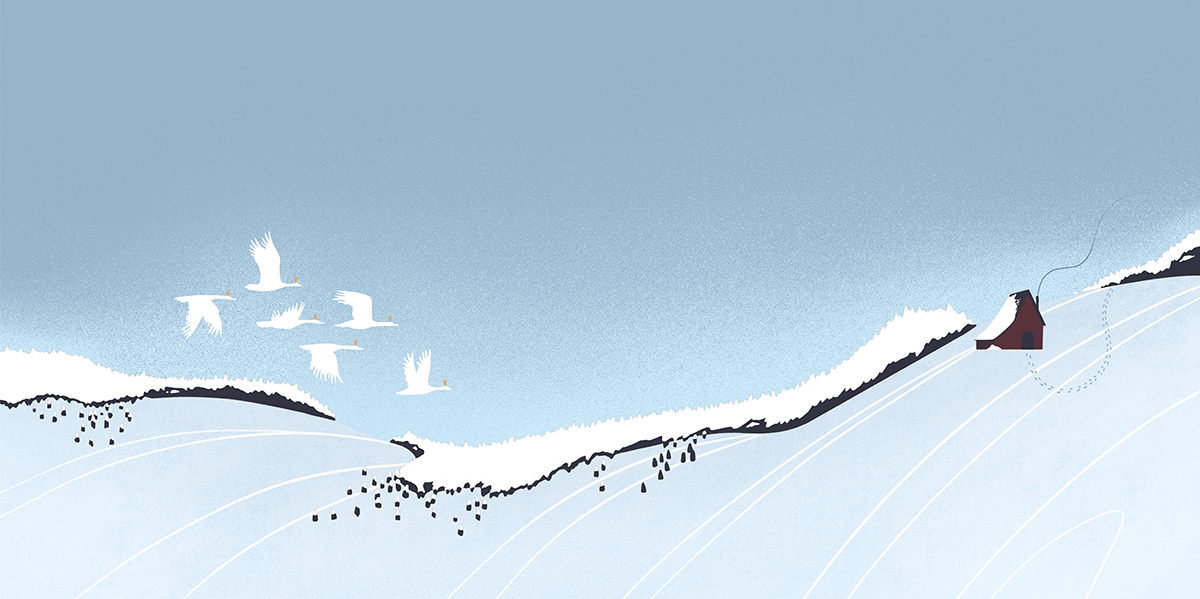 Peaceful graphic illustration of snowy landscape with a cabin in the far right, geese flying across the sky