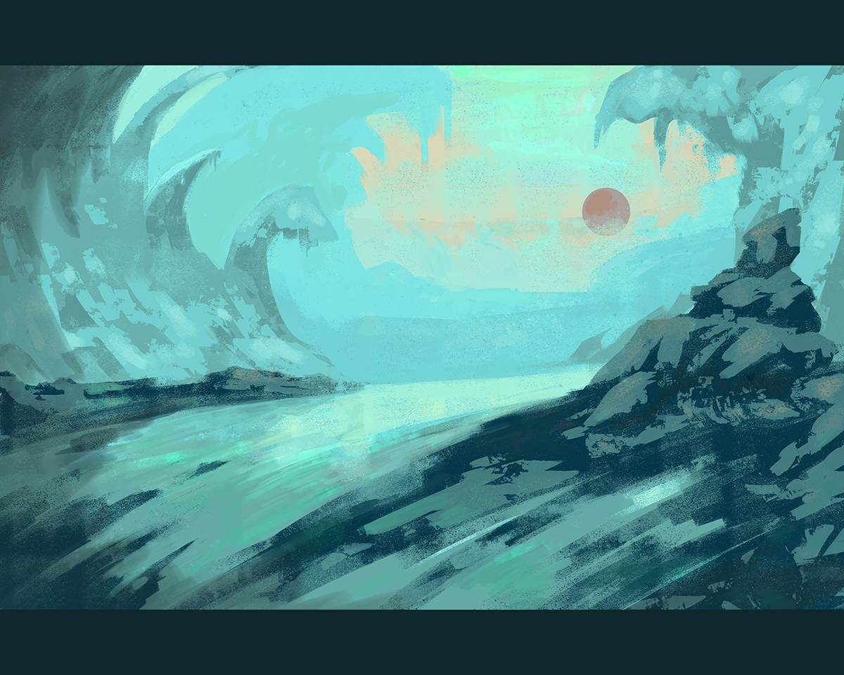 Mystical landscape illustration, cool blue colors and rocky foreground with flowing waves and red sun in the background