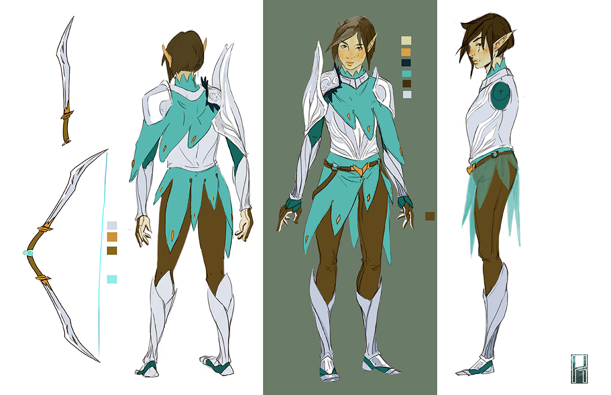 Character concept illustration of evlen character and weapons with three turn around views showing back front and side view