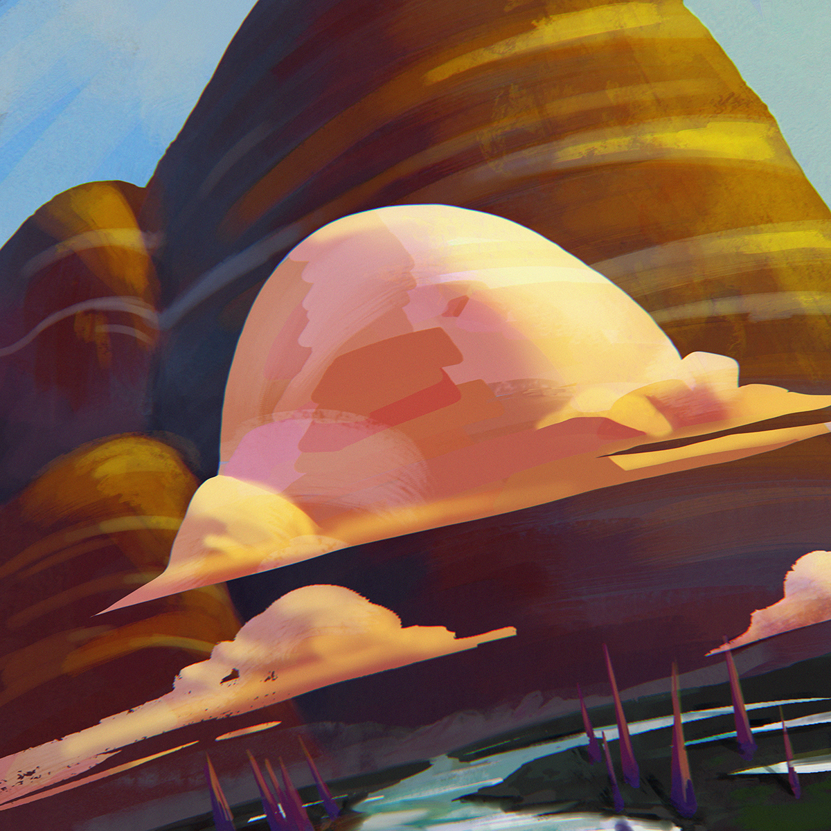 Mystical landscape illustration with barren river landscape and large round hilly brown mountain in background with pink puffy floating cloud in foreground