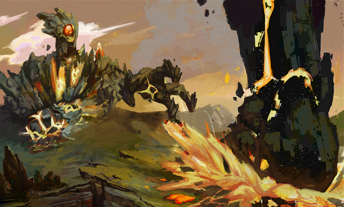 Sci fi landscape illustration of a war-like scene with rock monster emerging from ground, and smashing rocks and fire in foreground