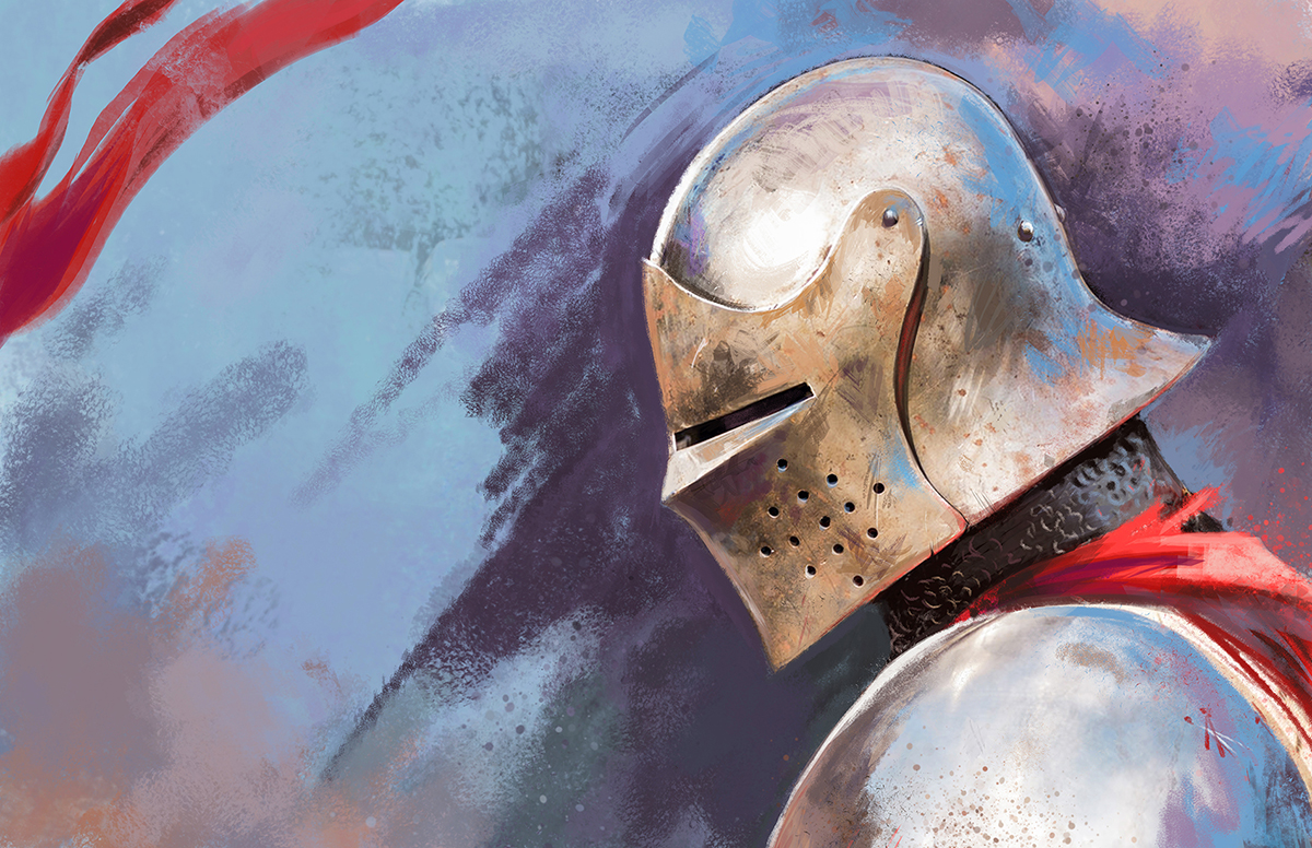 Highly rendered illustration of the side profile of a knight in protective mask, with splashy textured background