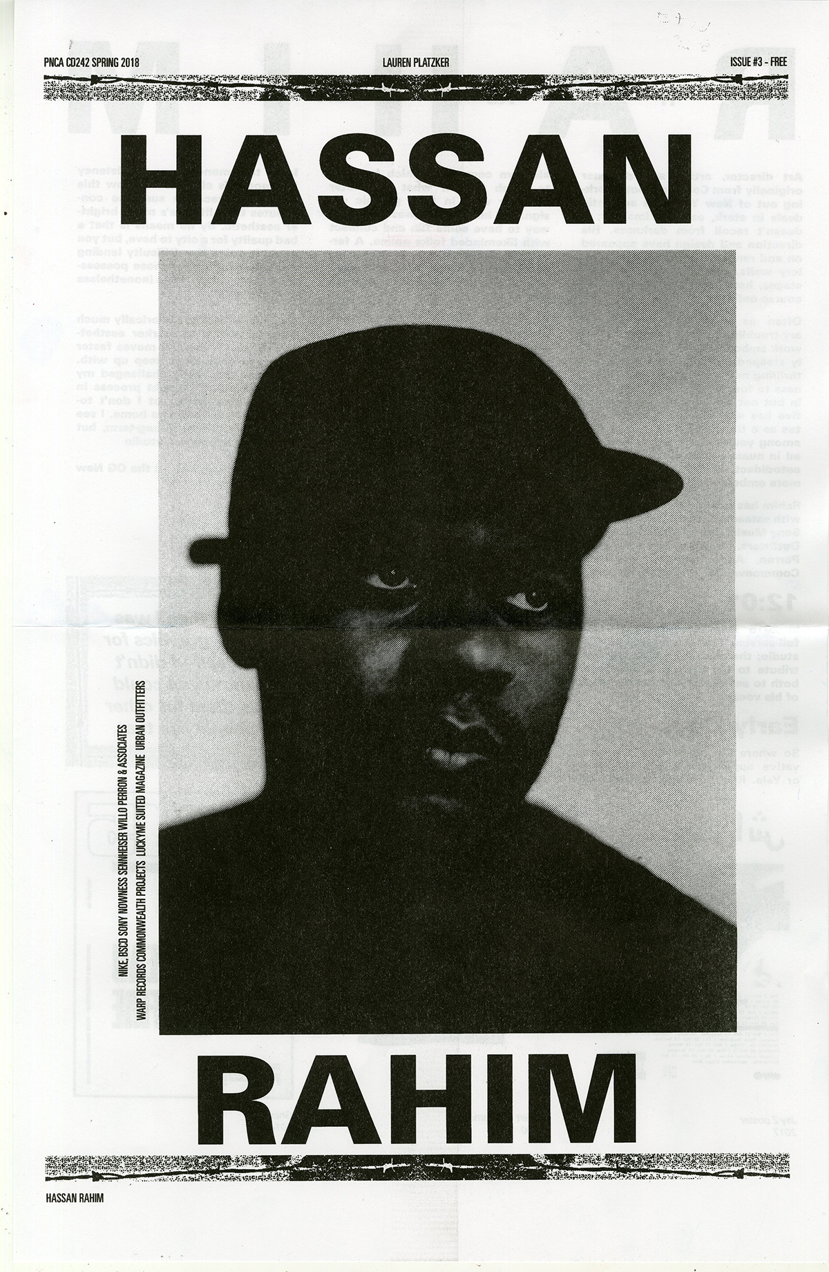 Black Monochromatic newsprint poster design with heavily saturated portrait, heavy font text reads 'Hassan Rahim'