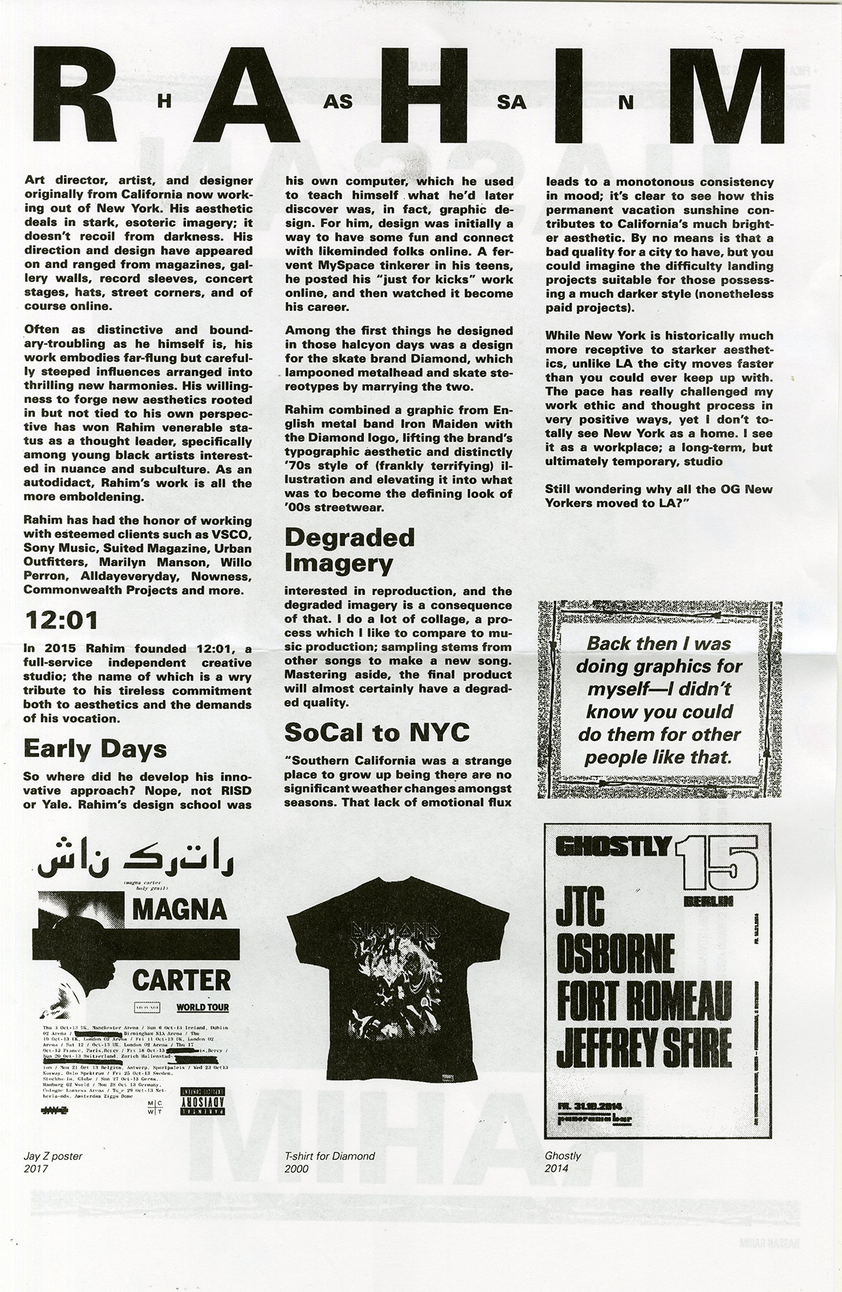 Black Monochromatic newsprint poster design with heavy font text reads 'Hassan Rahim' at top, with news print text below and saturated black spot images