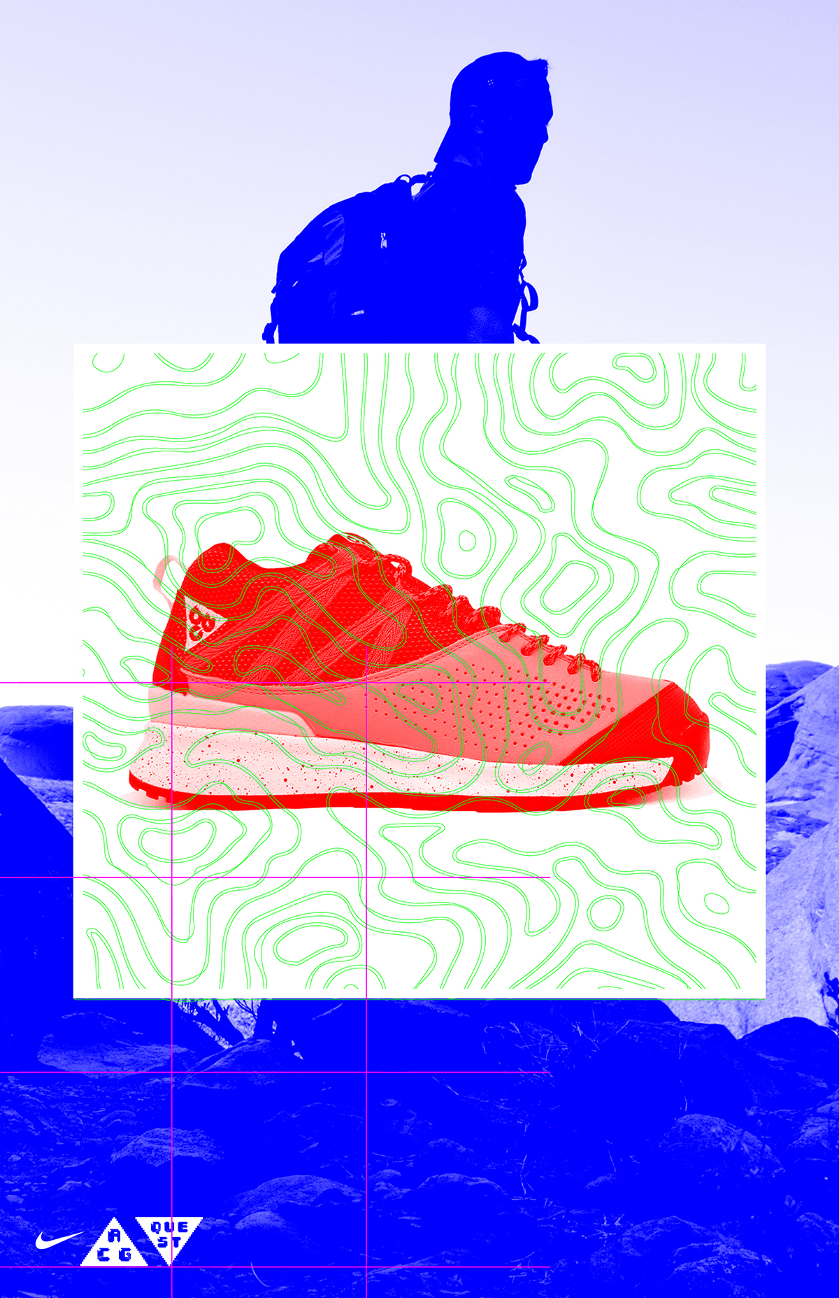 Graphic poster design of a red ACG show with topographical green lines overlaid, and a monochromatic saturated blue image of man hiking in the background. Nike swoosh symbol at bottom left