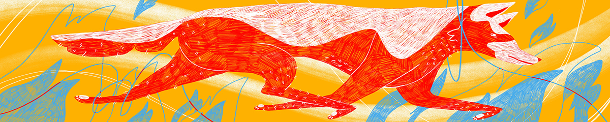 Textured landscape oriented illustration of a red fox running, blue scribble lines and blue fire shapes in the background