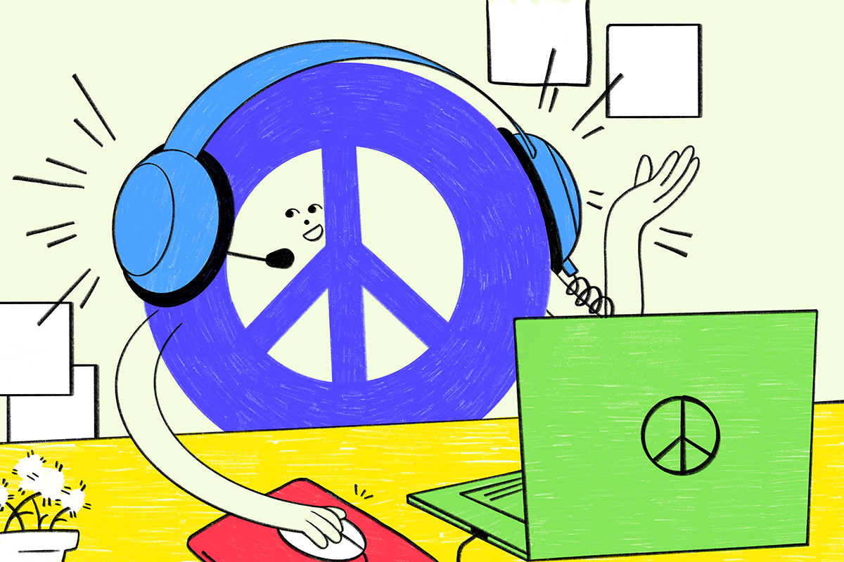 Illustrated blue peace sign sitting at a desk in front of laptop talking into a headset