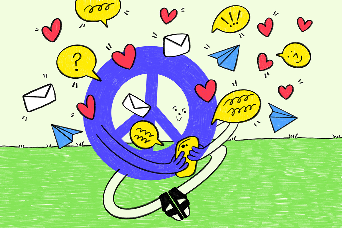 Illustrated blue peace sign sitting in the grass holding a phone with text and email and hear icons swirling around