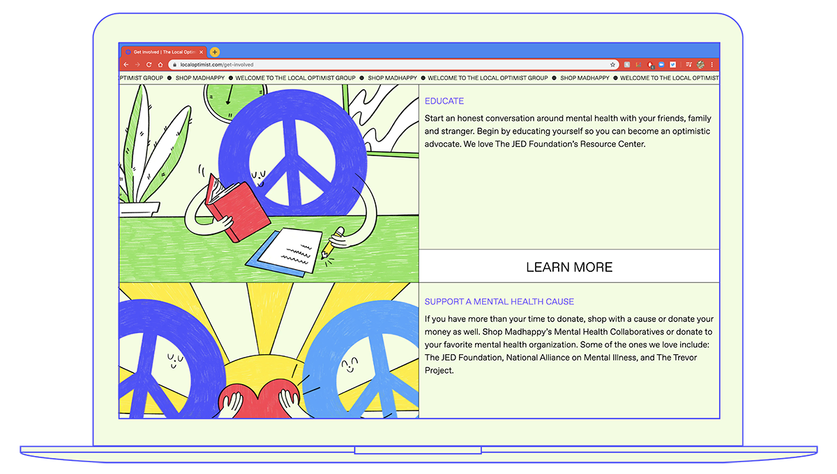 Graphic computer screen displaying a web design. Left of screen shows peace signs reading at a desk and peace signs below holding heart, right side of screen shows web page components, text 'educate' and 'support a mental health cause'