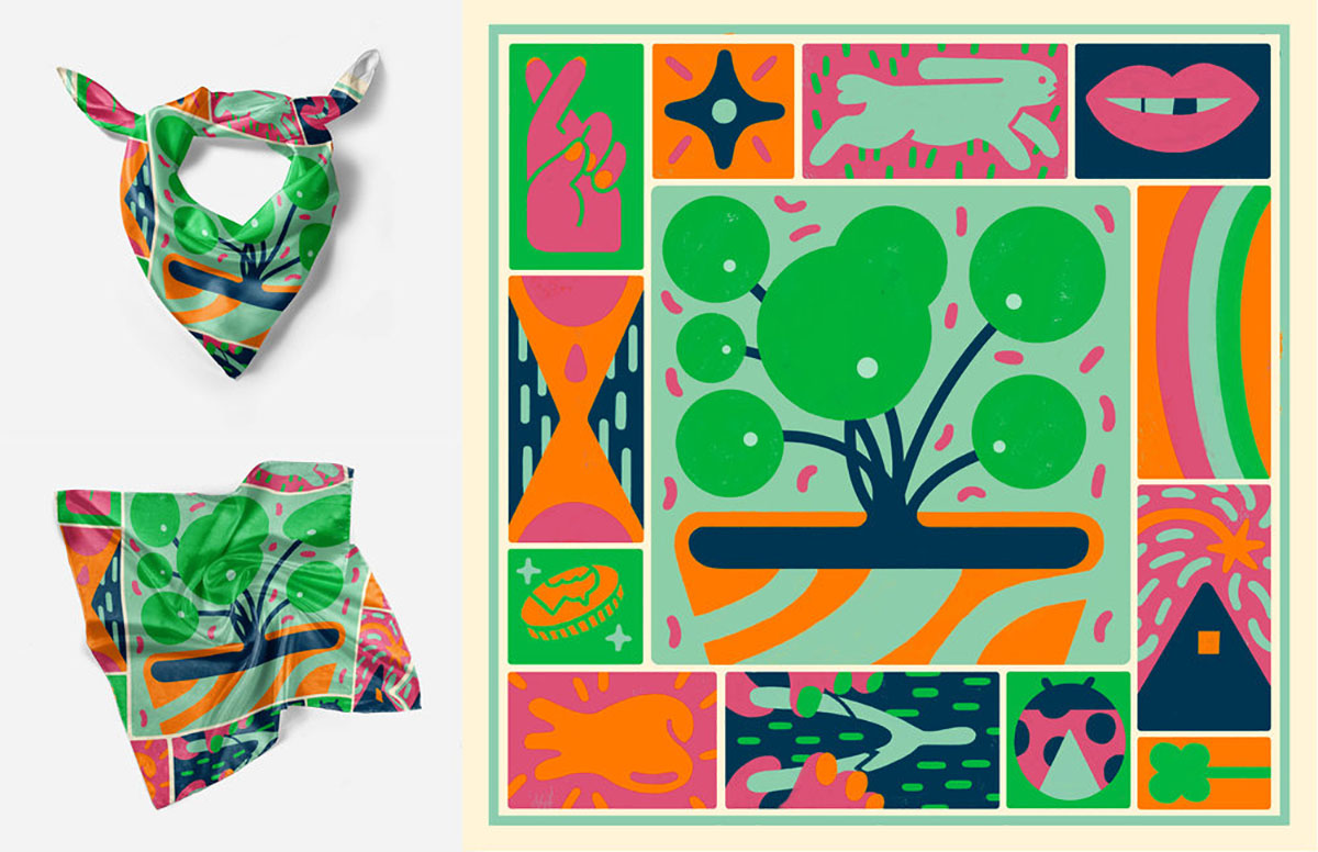 Handkerchief design layout. Design made up of graphic icons of goodluck charms, green hues. Physical handkerchief on left, graphic design on right