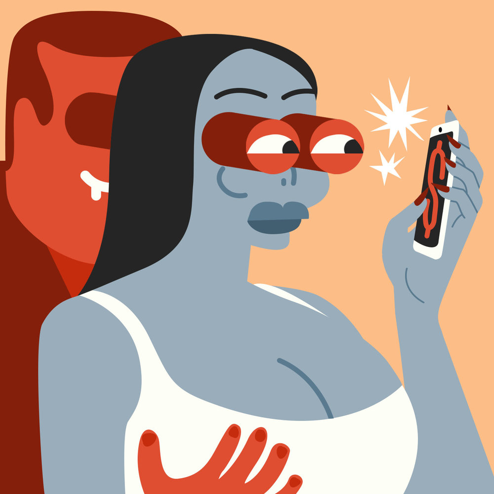 Graphic illustration of a red man behind a blue woman, his hand groping her breast, he looks at her phone as his eyes project through her own eyes. Dollar symbol on phone.
