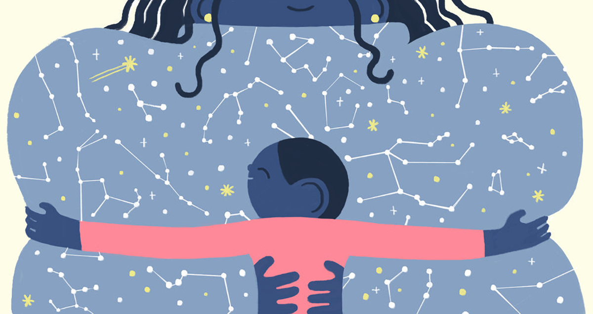 Graphic Illustration of a large mother hugging a small black child, his arms stretching across the width of her body, her body made up of night sky constellations