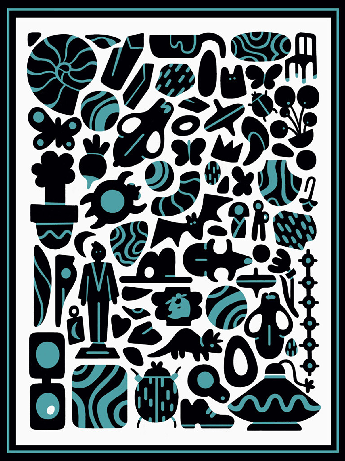 Pattern design of archaeological icons and bugs and other artifacts arranged tightly, black and blue on white background with thick black border
