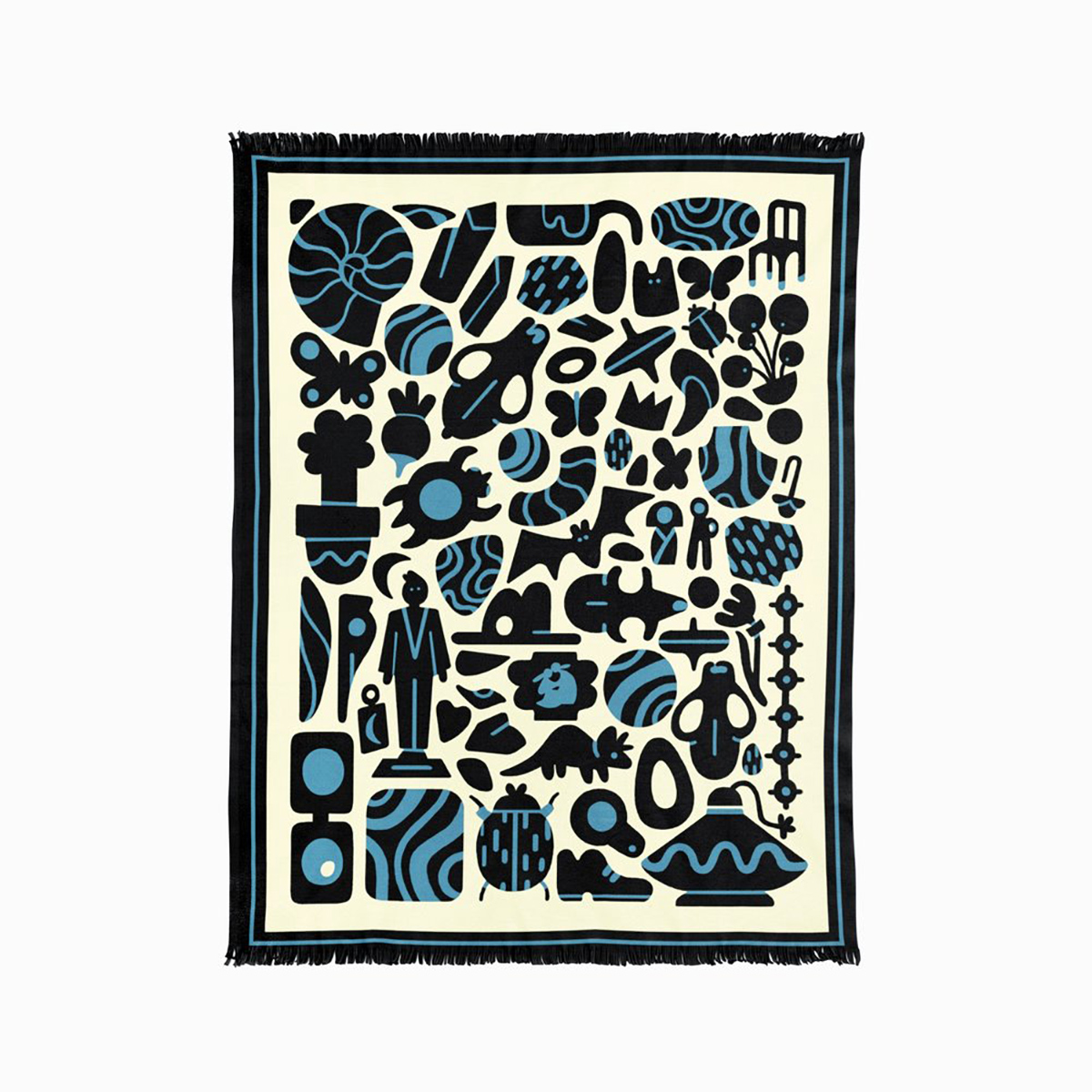Large throw blanket with graphic illustrated pattern printed on it of various artifacts and icons arranged tightly