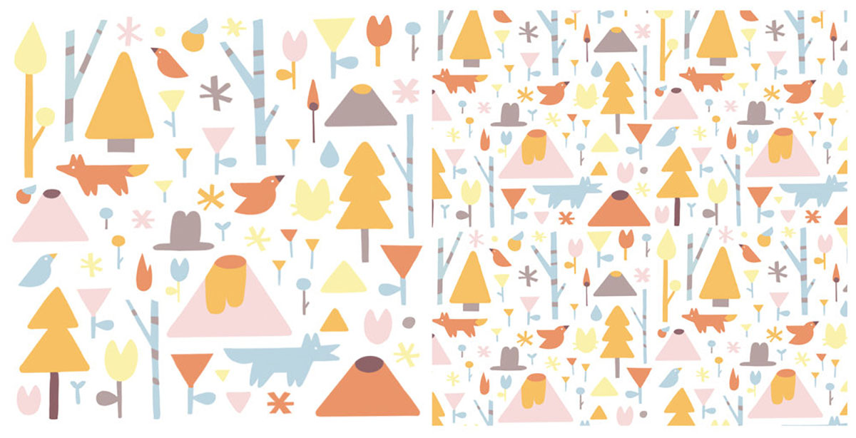 Graphic illustrated pattern of volcanoes icons trees, birds, and foxes. Left half shows details of icons in a larger pattern view, left half shows zoomed out view of pattern with smaller icons