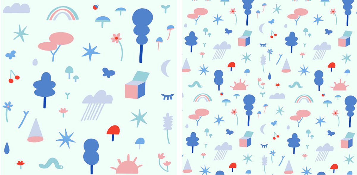 Graphic illustrated pattern of icons of clouds, plants, and rainbows. Left half shows details of icons in a larger pattern view, left half shows zoomed out view of pattern with smaller icons