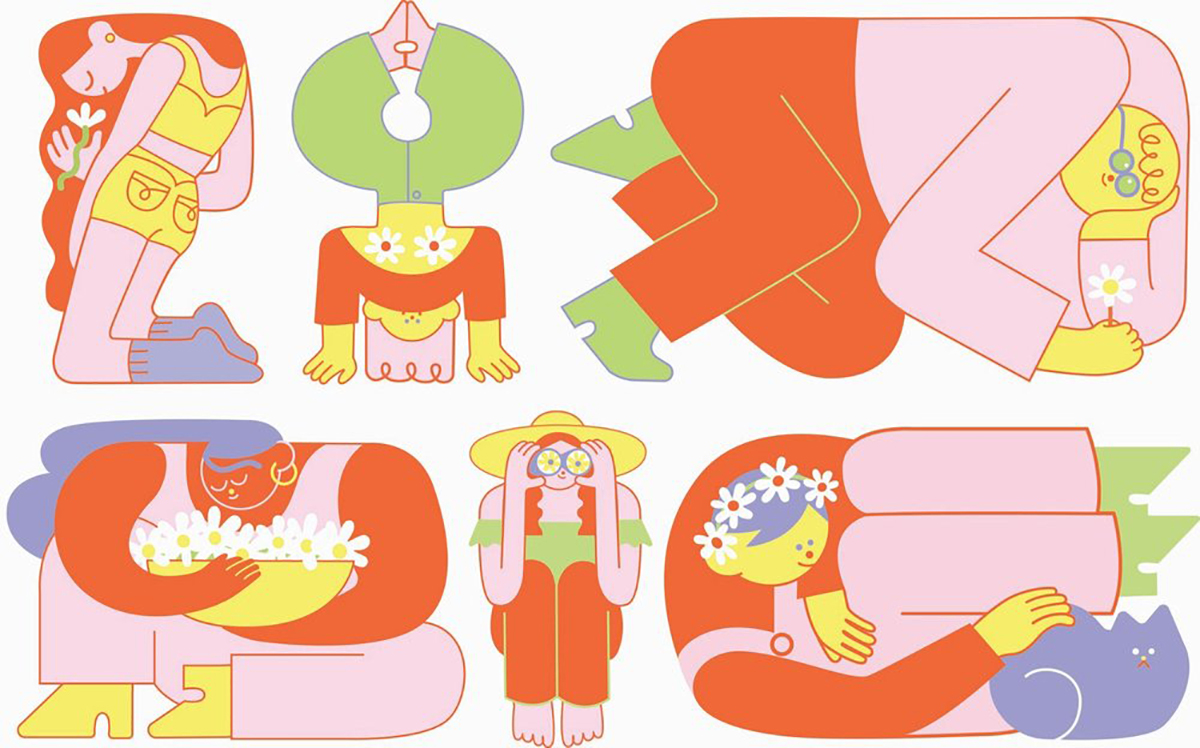Graphic illustration of 6 figures in various postures of self care and relaxation