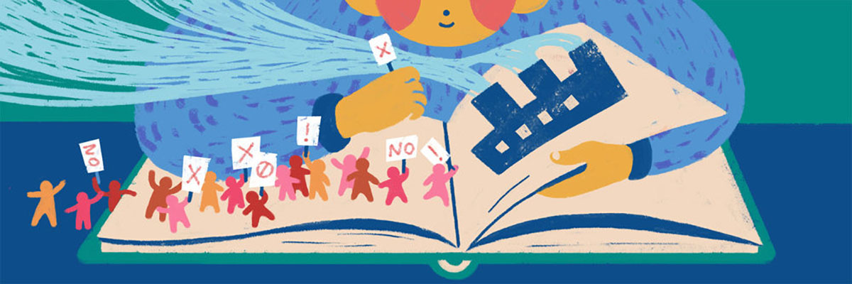 Brightly colored illustration of a woman reading a book with image of a ship and the images of small people marching off page with protest signs