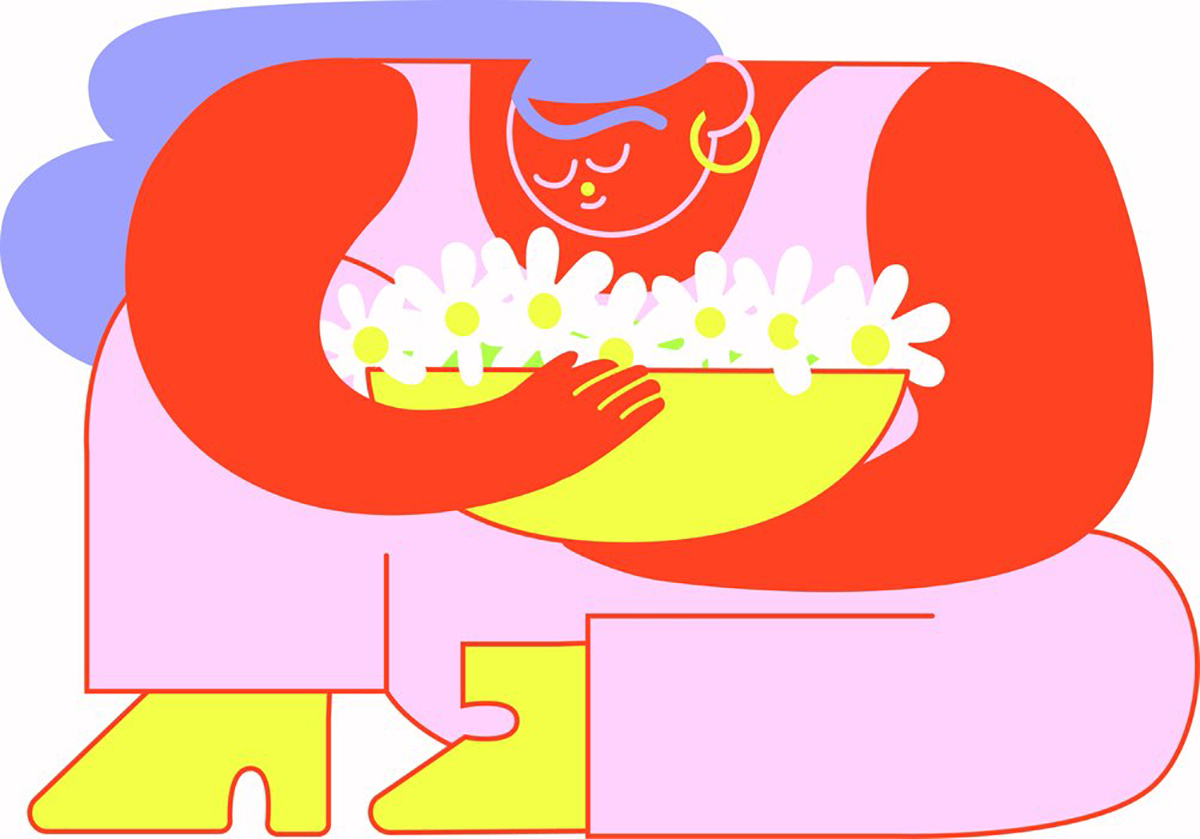 Graphic illustration of a woman sitting in heels and jumpsuit holding a bowl of white flowers