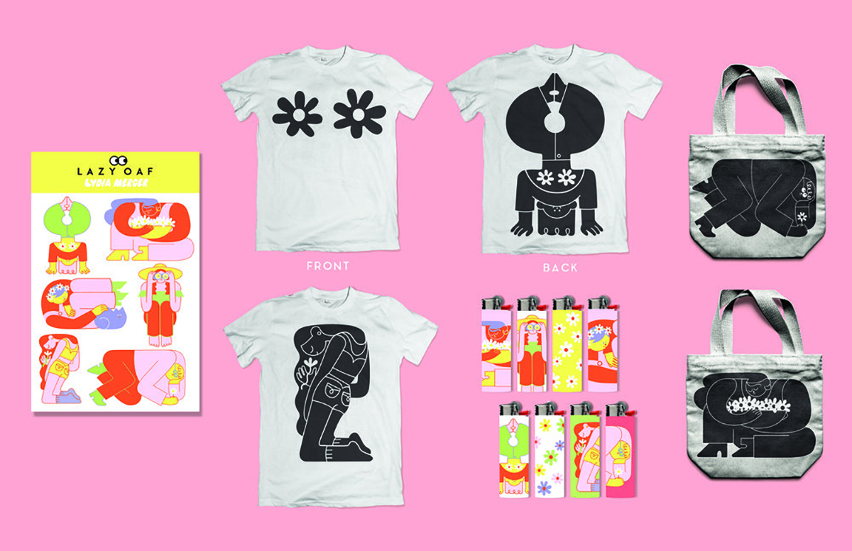 Layout of various products of the 'lazy oaf' brand including sticker pack, front and back of tshirt design, totes and lighters