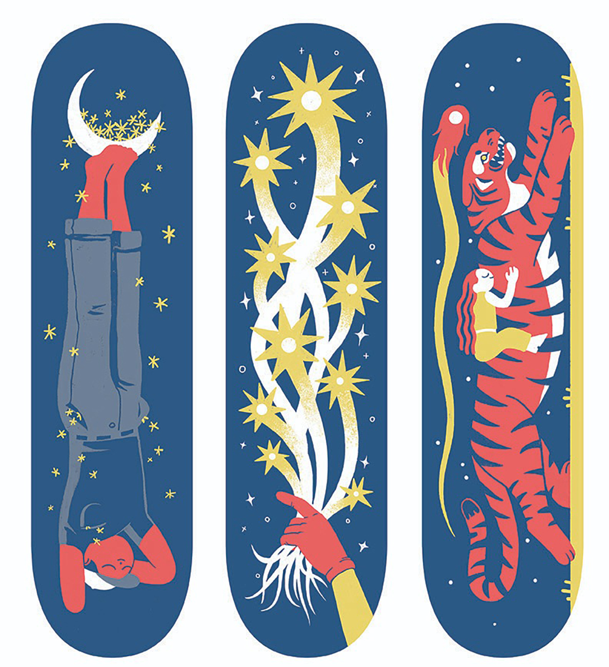 Three graphic skateboard deck designs. Left shows person sleeping under a moon and stars, middle is a hand holding a shooting stars bouquet, right is a women riding a tiger undera shooting comet