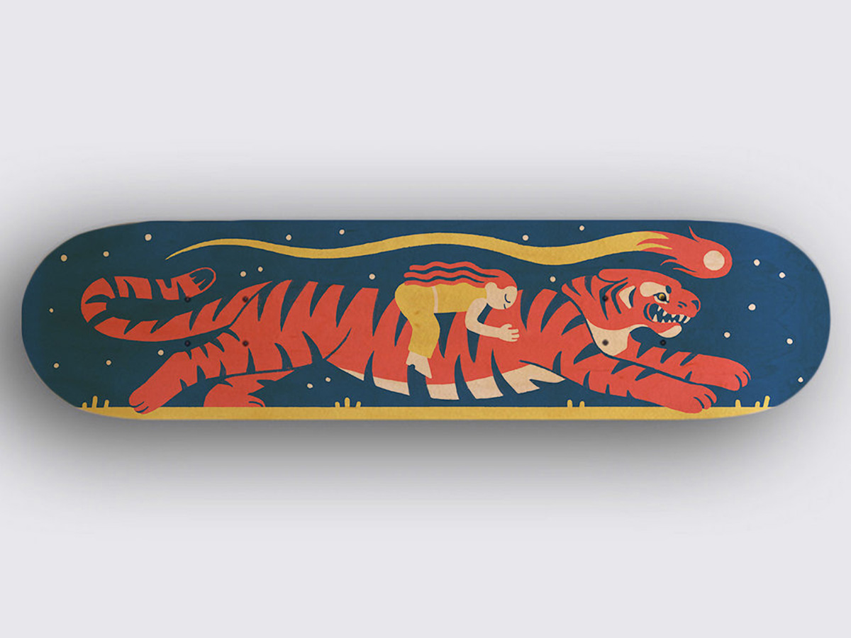 Screen printed skateboard deck with woman riding a tiger under a shooting comet
