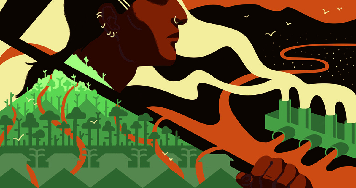 Graphic illustration of native american, body made up of fields and forests, gazing on to a factory scene showing sludge and smoke spilling out