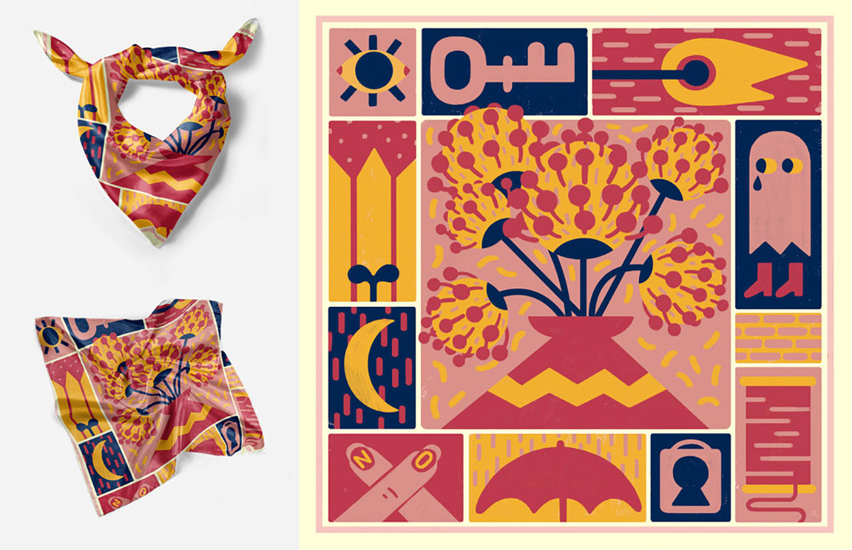 Handkerchief design layout. Design made up of graphic icons of superstitions, red hues. Physical handkerchief on left, graphic design on right