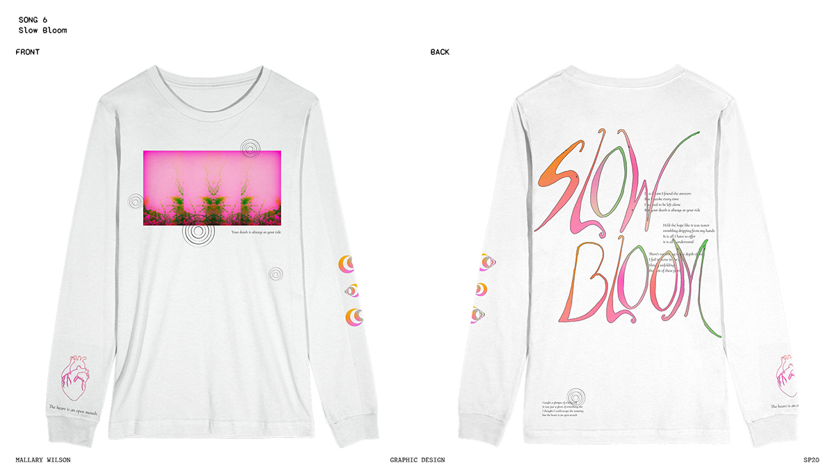 White, long-sleeve shirts with fresh pink and light green imagery and black linework. Hand lettering on one side reads 'Slow Bloom.' Other side has symmetrical pink tinted photo of floral arrangement centered on shirt. Heart is on sleeve, other geometric details in black line decorate shirt.