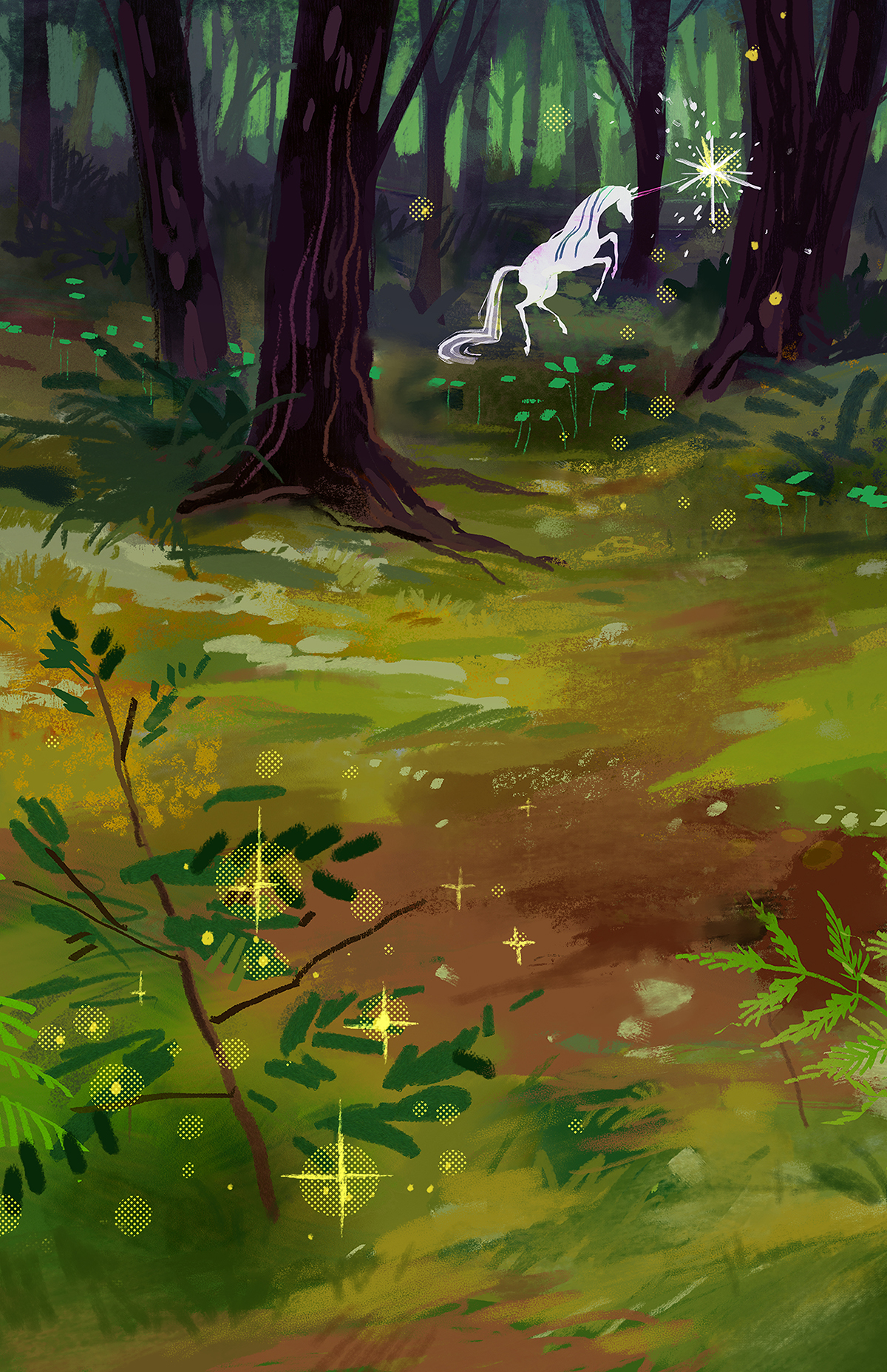 Illustration of dense forest scene with a bold white unicorn, small scale, in the background