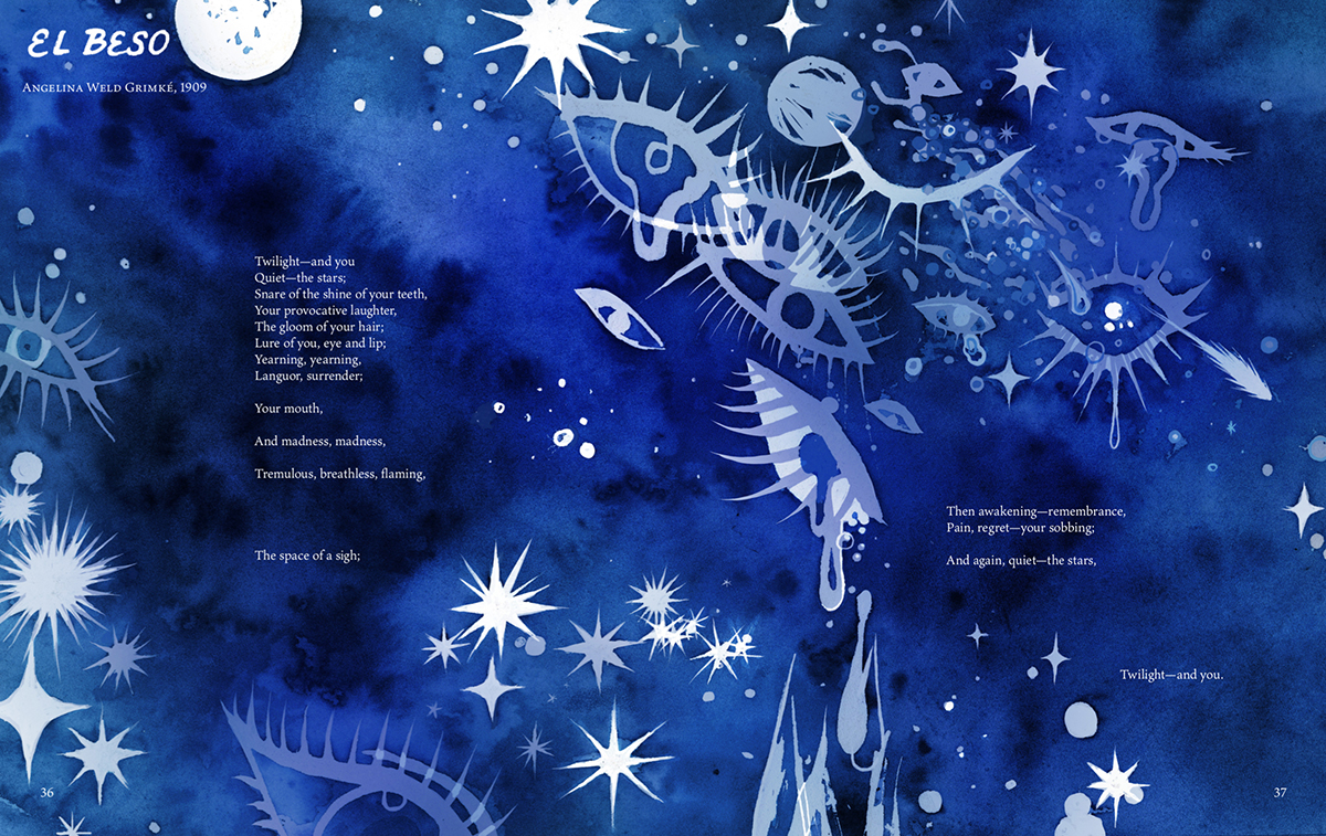 Illustrated two page spread of watery blue sky with stars and eyes painted across a short poem titled 'El Beso'
