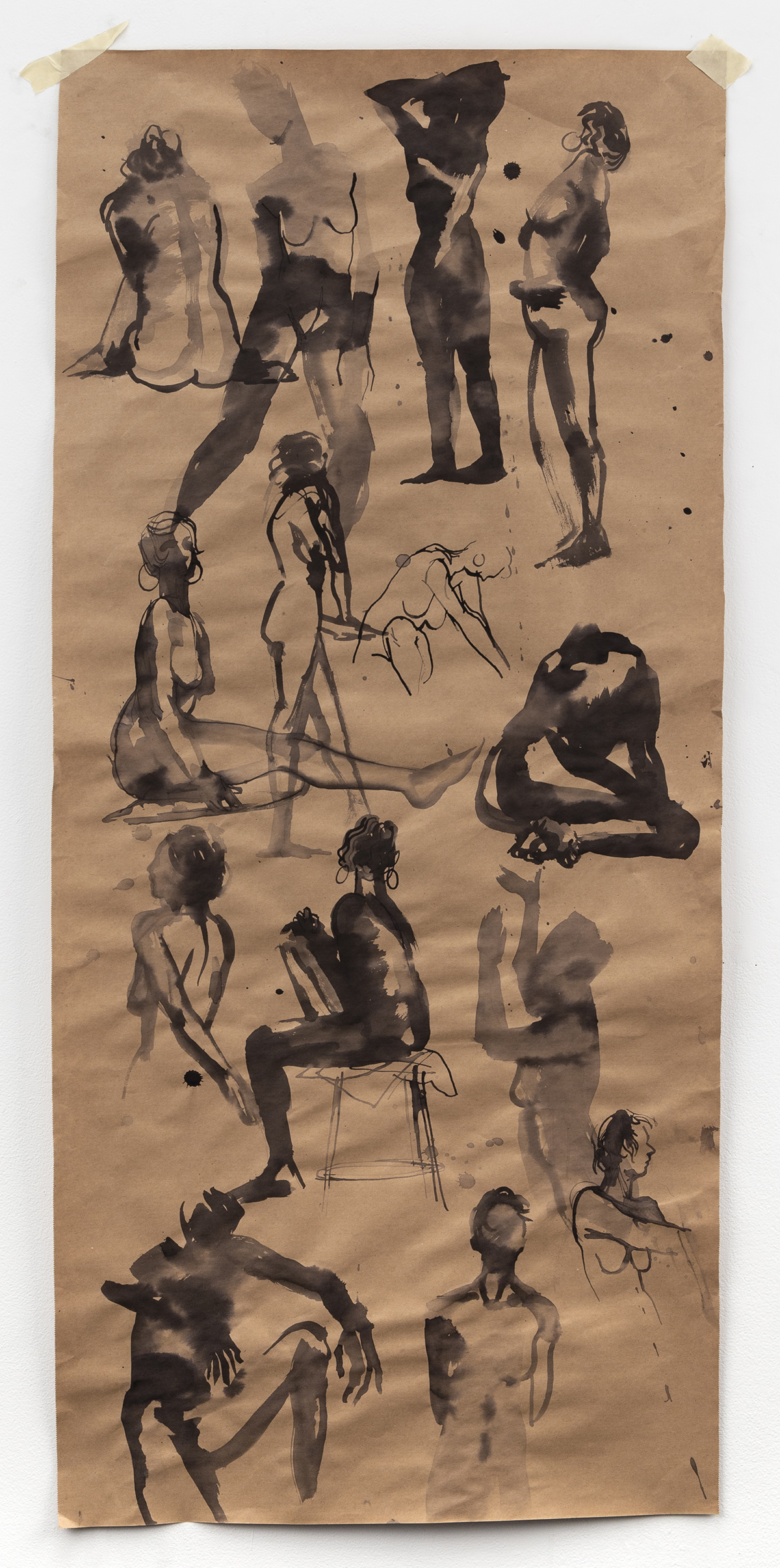 A splash of inked figure drawings in various short poses on butcher paper