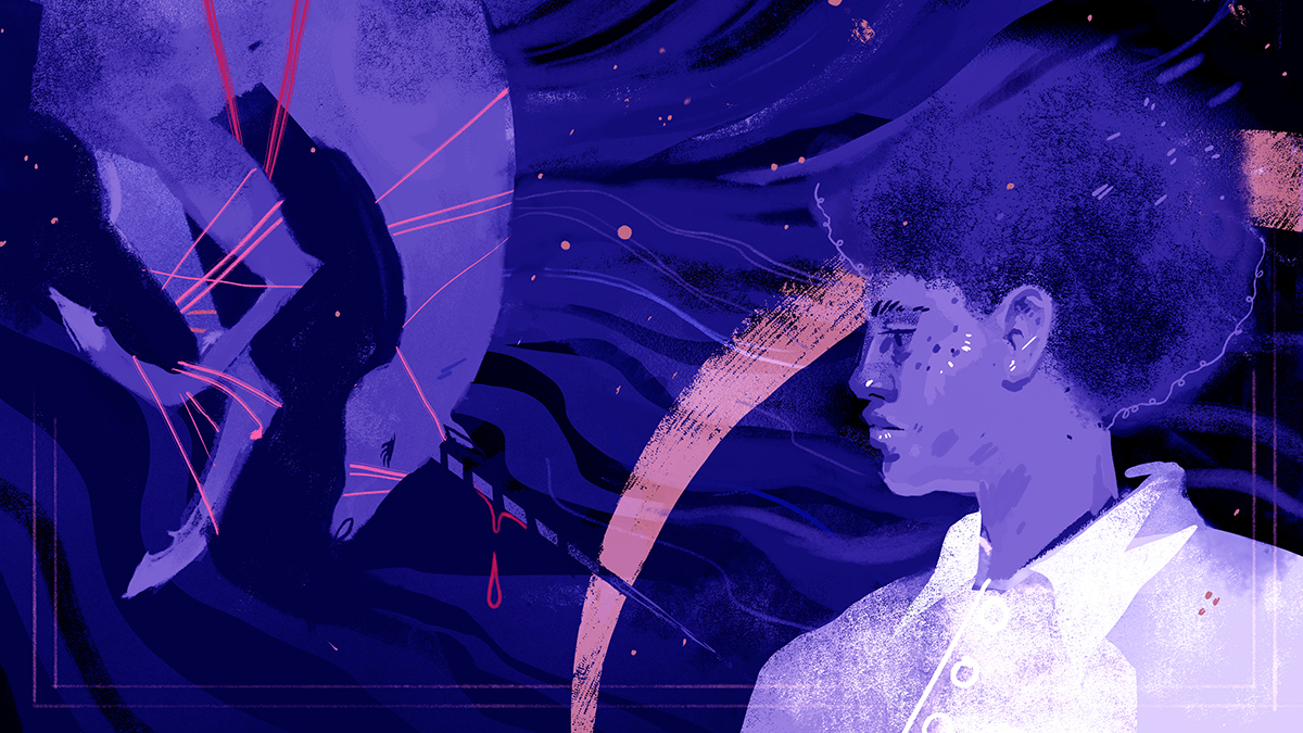 Two page illustration spread, cool blue colors. left side shows a unicorn bound with bright pink lines, soft paint strokes of mane crossing page, right side shows a woman of color gazing down to the left, forlorn